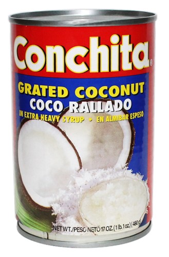 Grated coconut in syrup by Conchita.  17 oz
